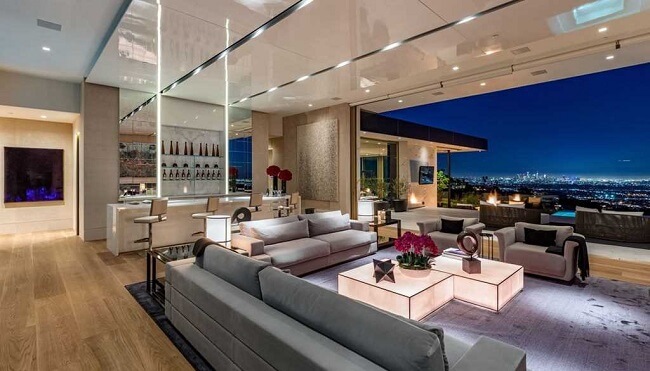 night view of Los Angeles from Hollywood Hills mansion